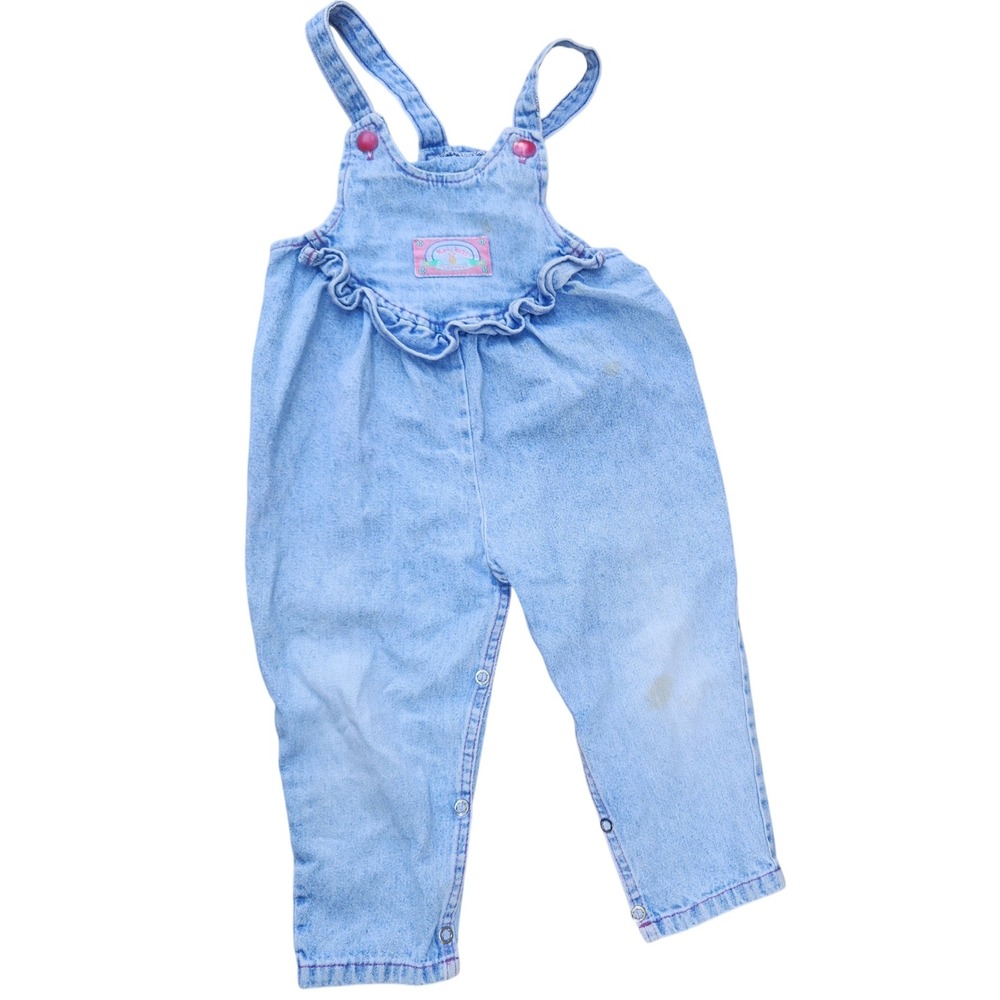 80s Vintage Krickets Playwear Denim Overalls Ruffle Trimmed Baby Girl 24M Cute